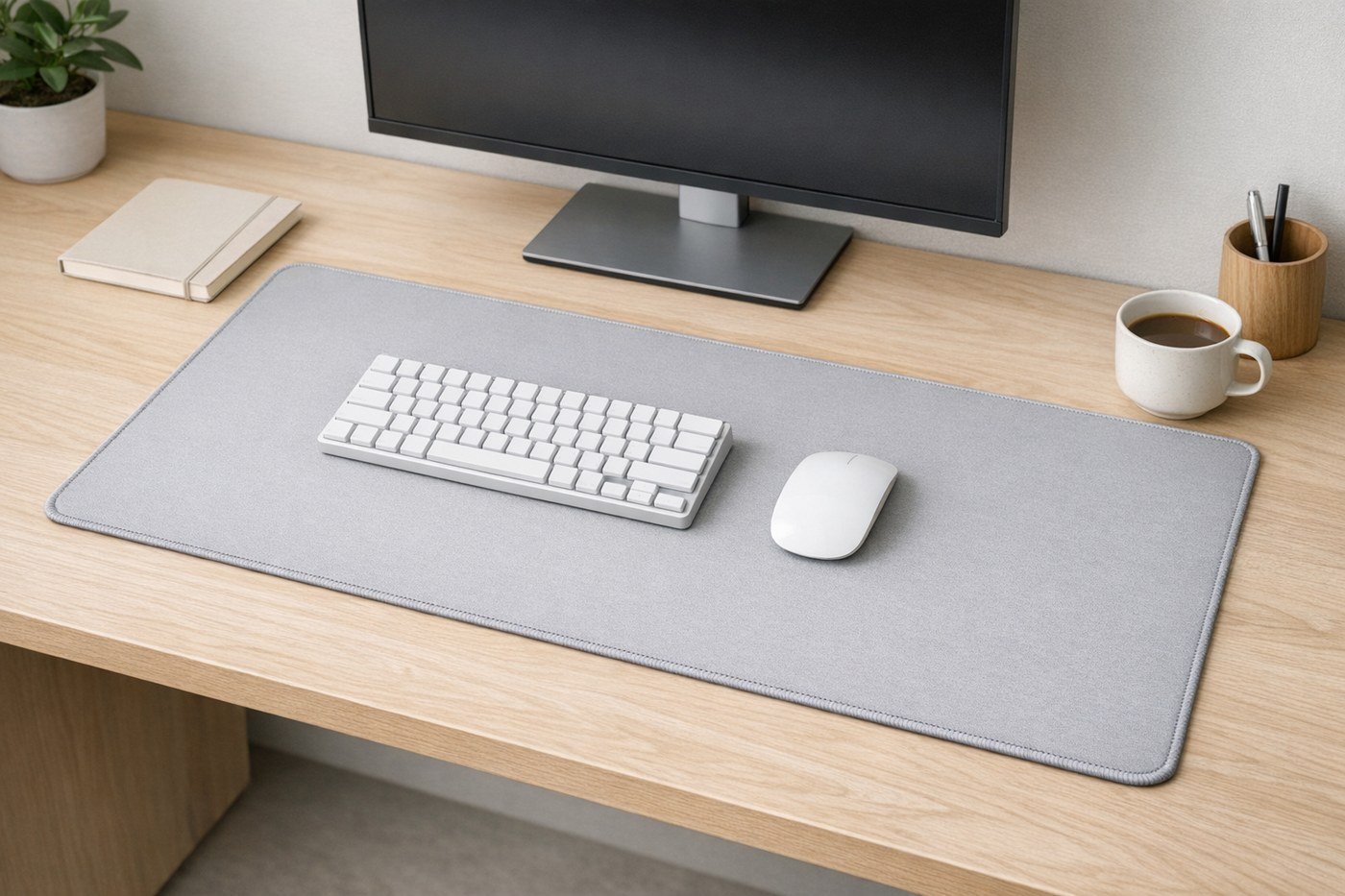 Setup bàn làm việc tối giản với deskmat gọn gàng