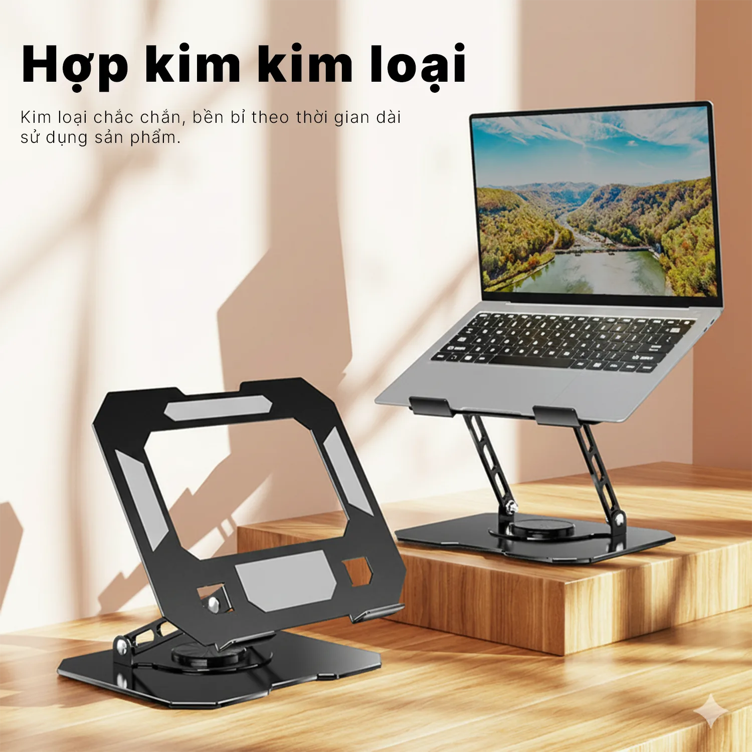 giá đỡ laptop nhôm trên bàn làm việc